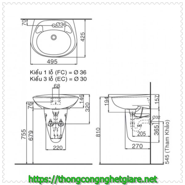 K&iacute;ch thước Lavabo Inax
